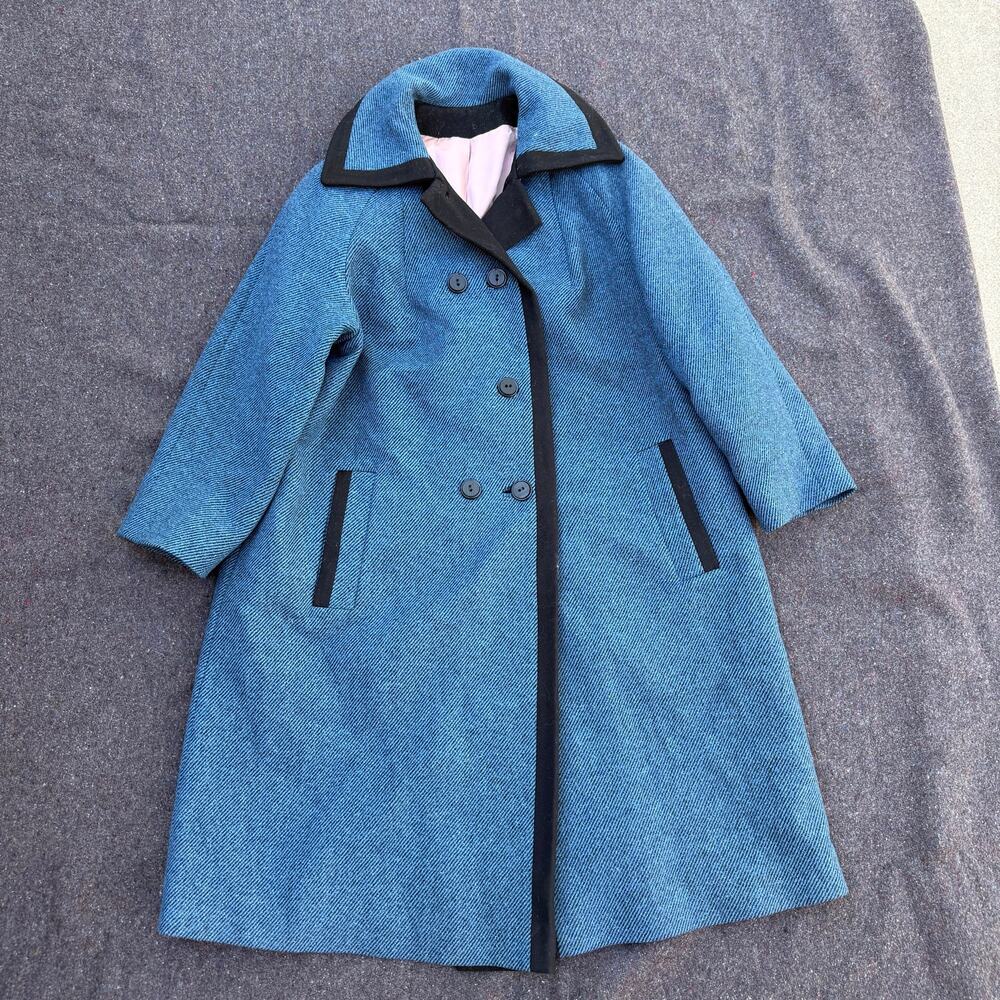 Women's Vintage 1960's Mary Jane Blue Black Wool Breasted Overcoat Jacket Sz L